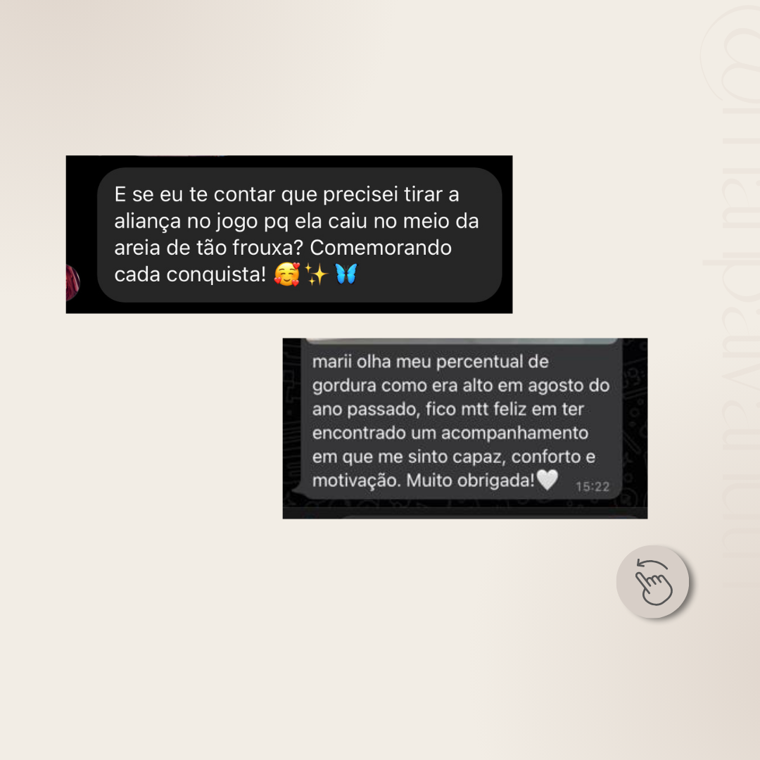 Depoimento de paciente comemorando conquistas e a redução do percentual de gordura ao longo do acompanhamento